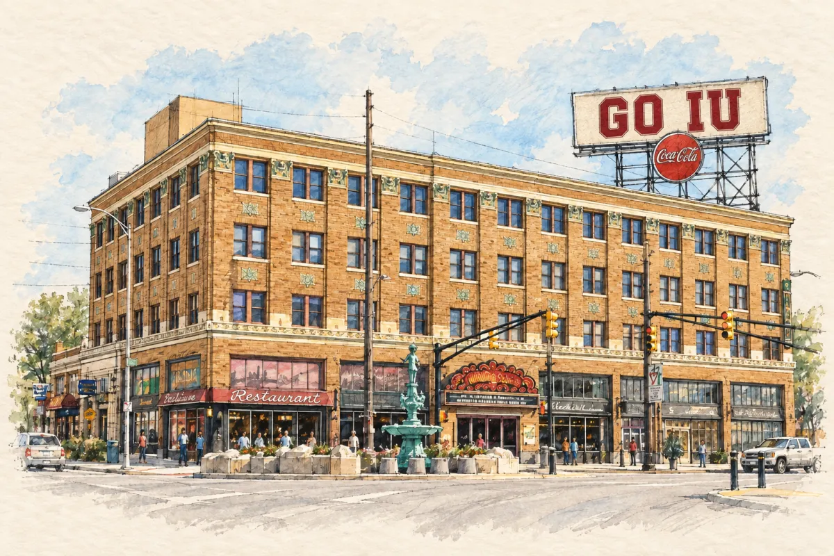 Watercolor view of the Fountain Square Theatre Building and its fountain in Indianapolis.