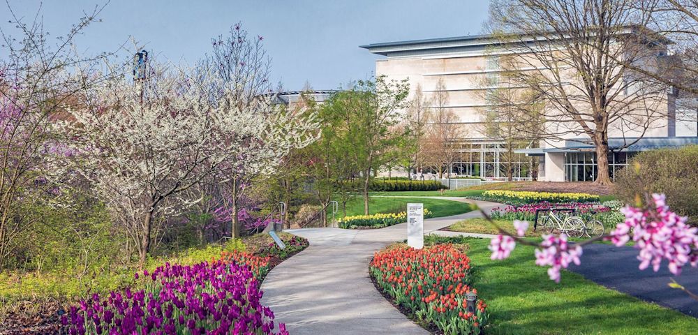 A garden path and flowering beds beside the museum building at Newfields.